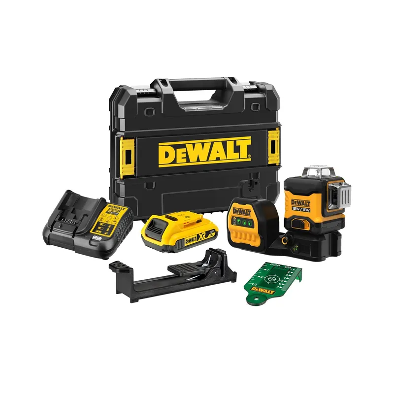 DeWALT DCE089D1G18-QW Kit laser à lignes croisées 3x 360 degrés à nivellement automatique avec batterie Li-ion 12V / 18V (1 batterie 2,0 Ah) dans un coffret - 3 lignes - 30 m - vert