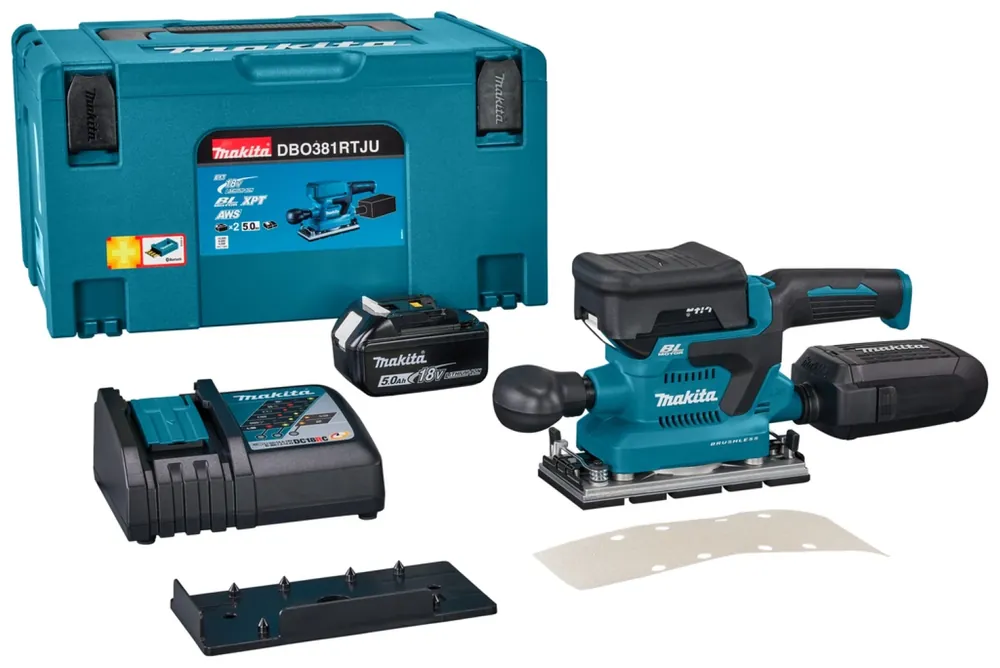 Makita DBO381RTJU Ponceuse sans-fil -18V Li-ion - 2 batteries 5,0 ah - Mbox - Émetteur AWS - Brushless