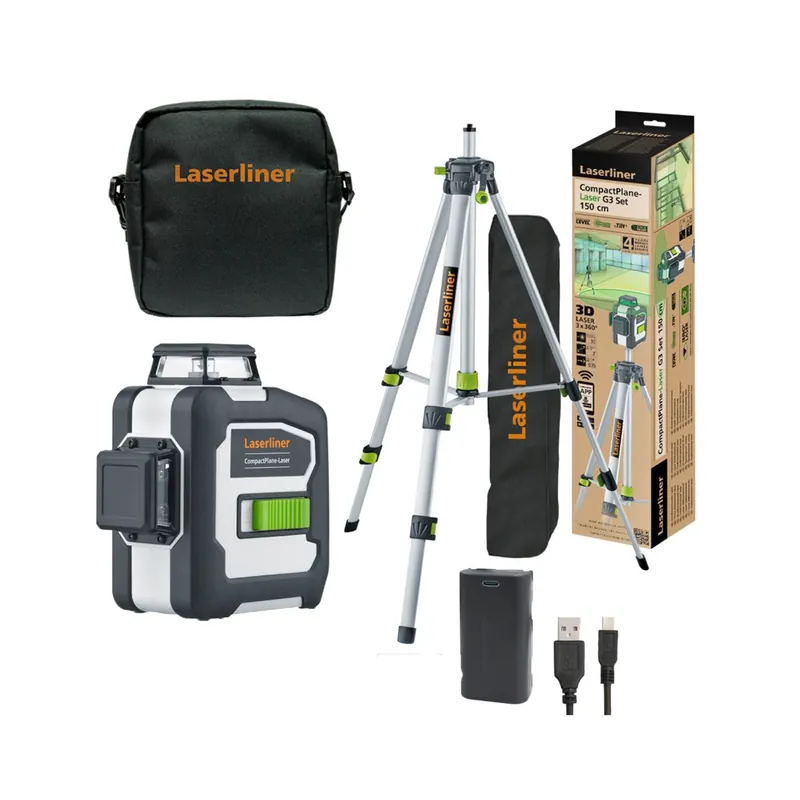 Laserliner CompactPlane-Laser 3G Set 150 - Kit laser à lignes croisées avec trépied dans un sac - 3 lignes - vert - 30 m