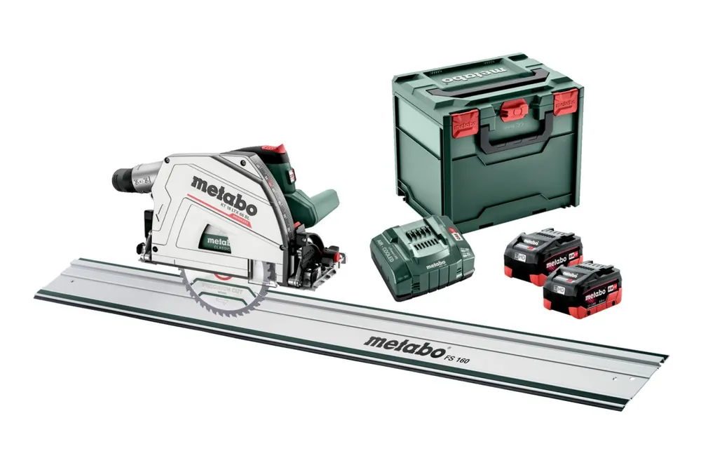 Ensemble scie circulaire plongeante sans fil Metabo KT 18 LTX 66 BL 18V Li-ion (2 batteries 8,0 Ah) avec rail de guidage dans metaBOX - 165 x 20 mm - sans charbon