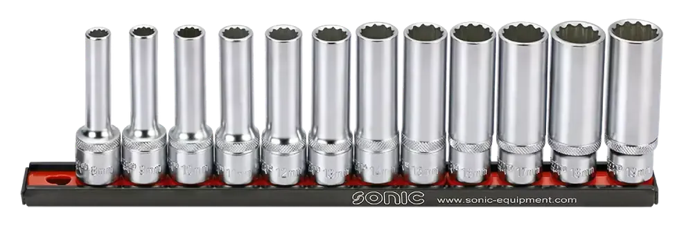 Sonic 301204 Jeu de 10 douilles 1/2" 12 côtés long sur rail 8-19 mm