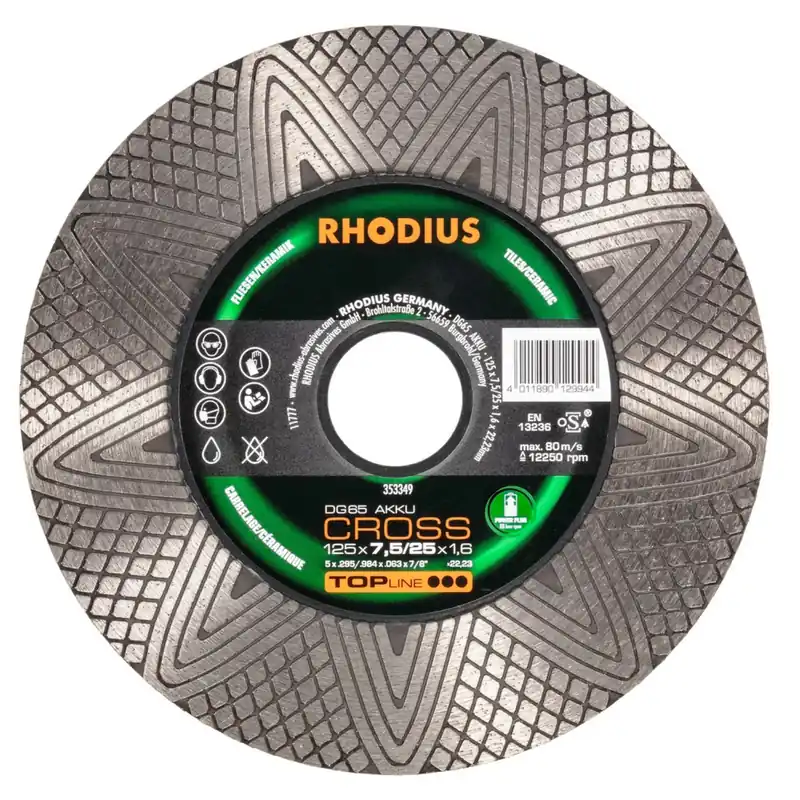 Rhodius DG65 Accu cross Disque de coupe et d‘ébavurage diamanté 125 x 22,23 x 1,6 mm