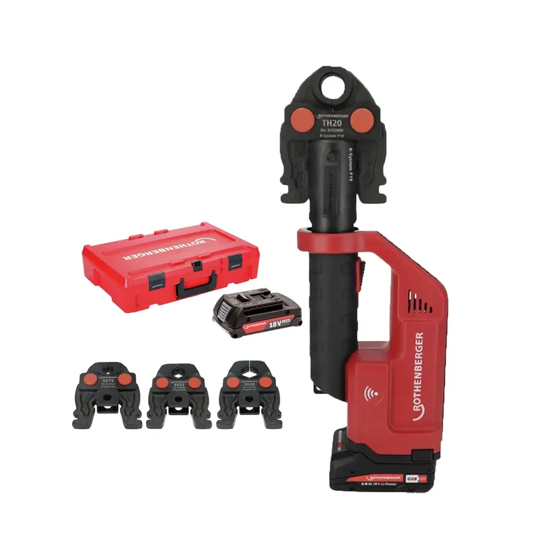 Rothenberger 1000004275 Romax Compact III Kit de pince à sertir à batterie 18 V (1 batterie 4,0 Ah + chargeur) avec mâchoire SV - 15-22-28 mm - CAS