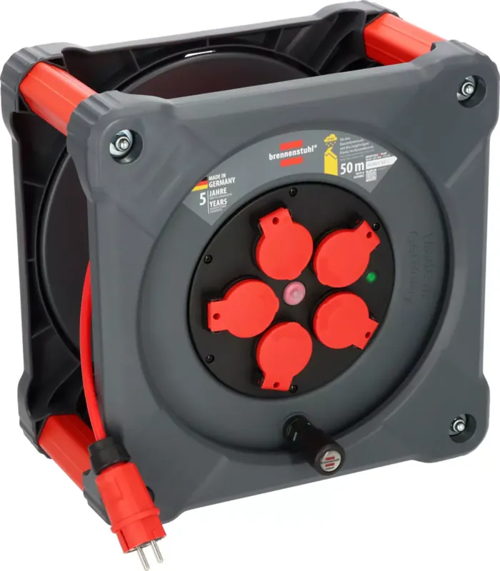Brennenstuhl Professional KA 5110 Cube de chantier enrouleur de câble 5 prises H07BQ-F 3G1.5 - IP44 - 50m - Rouge