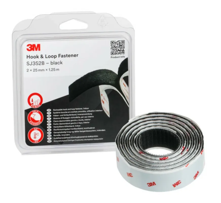 3M SJ352B Velcro à boucles et crochets noir - 25 mm x 1,25 m x 4,4 mm