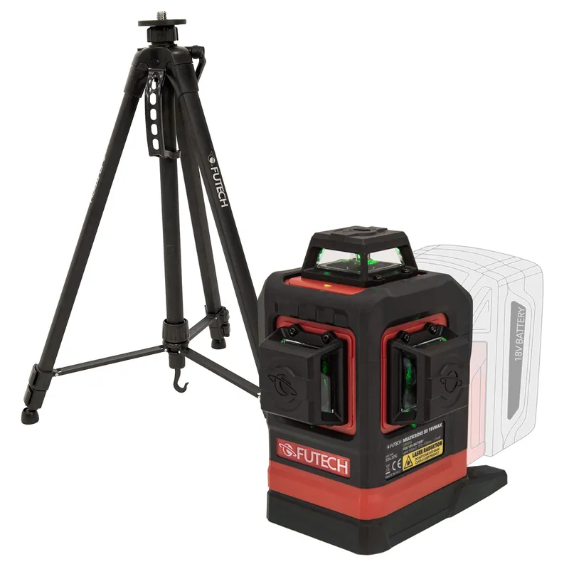 FUTECH Multicross 3D 18VMAX laser croix avec trépied et adaptateur de batterie 18V - vert - 70m - 3 lignes