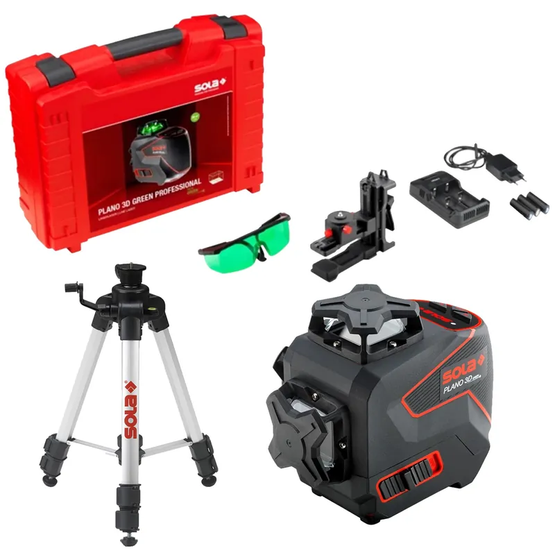 Sola PLANO 3D Green Professional 360° Cross Ligne Laser Set incl. trépied dans la valise - Vert