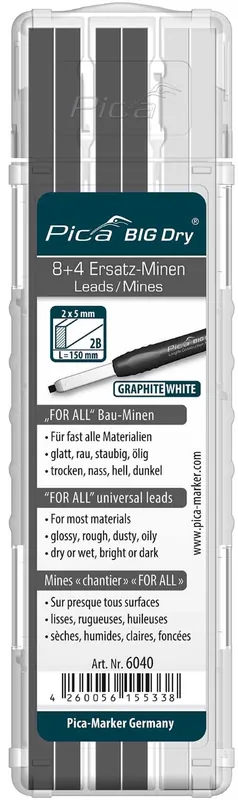 Pica 6040 BIG Dry Refill - Graphite/Blanc (12 stylos)