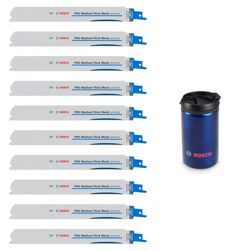 Bosch 0615997675 PRO Lames de scie alternative S1137BEF Medium-Thick Metal precise (10 pièces) + Mug Isotherm - 225 mm