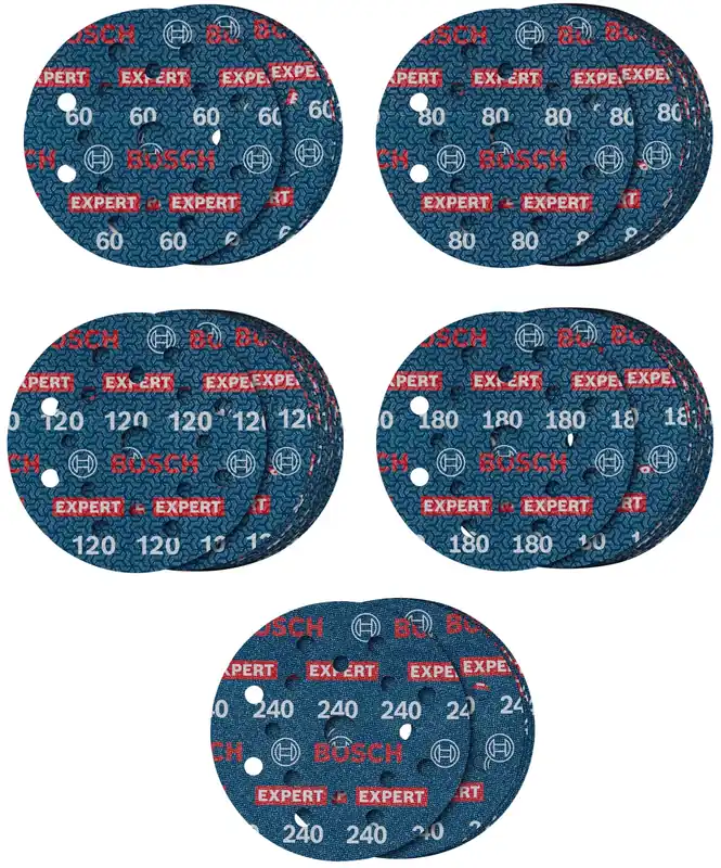 Bosch 2608902429 EXPERT Jeu de 55 disques abrasifs O780 avec support film - 125 mm - 5xK60/15xK80/15xK120/15xK180/5xK240