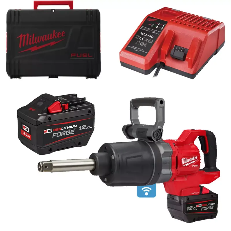 Milwaukee M18 ONEFHIWF1D-121C 18 V Li-ion batterie à clé à chocs avec anneau de friction et ensemble d‘arbres allongés (1x batterie 12,0 Ah) dans un coffret - 1‘‘ - 2711 Nm
