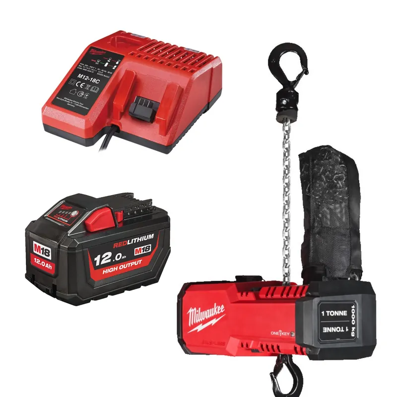 Milwaukee M18 BLCHTO-121 Kit de palan à chaîne avec batterie Li-ion 18 V (1 batterie 12,0 Ah) - 1 tonne - ONE-KEY