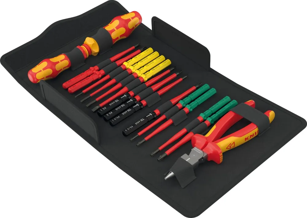 Wera 05006610001 Jeu de 17 outils Kraftform Kompakt VDE 17 extra slim 2 Tool Finder avec lames interchangeables dans un étui - avec fonction cliquet