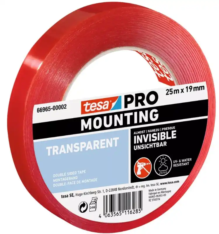 Tesa 66965 Ruban adhésif double face professionnel - 19 mm x 25 m - transparent