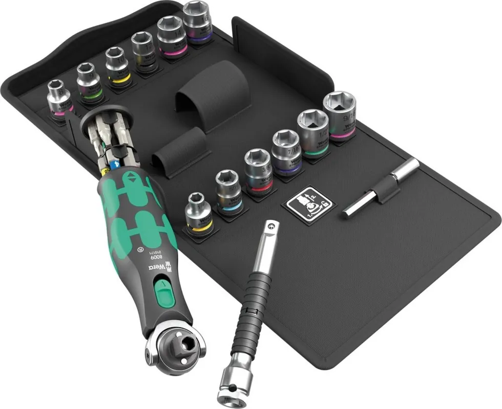 Wera 05004285001 Jeu de 27 pièces 8009 Zyklop Pocket Set 4 Jeu de clés à cliquet et douilles - 3/8" + 1/4"