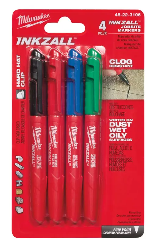 Milwaukee 48223106 INKZALL Marqueur Pointe fine – Couleurs blue/rouge/vert/noir - Pointe 1mm