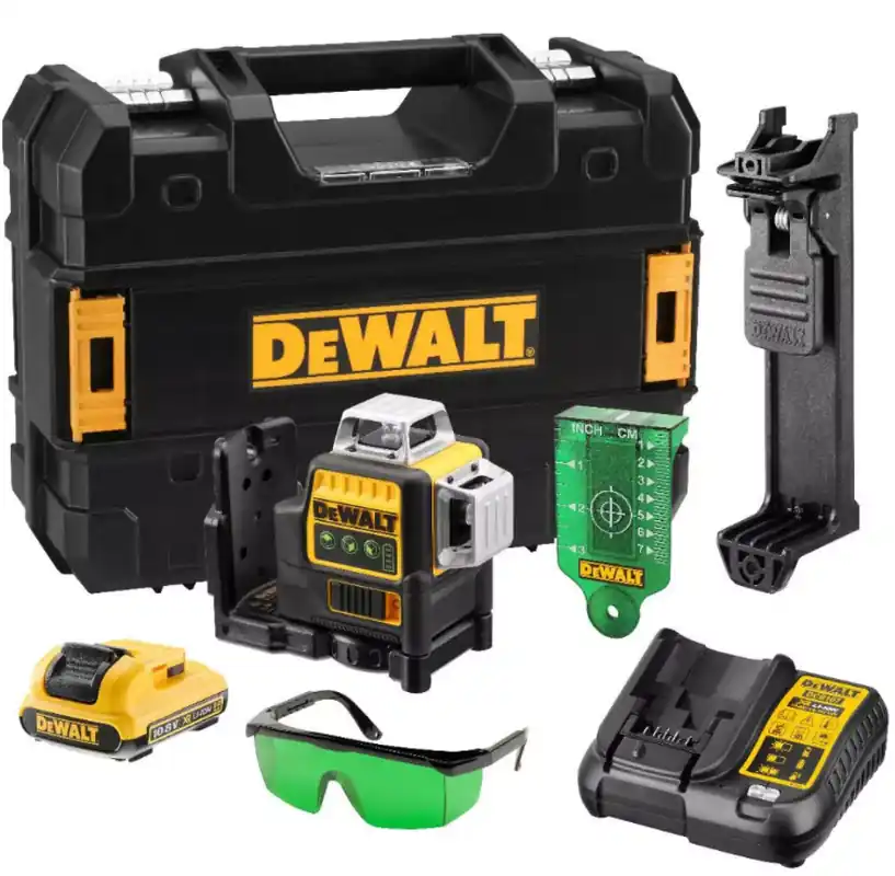 DeWALT DCE089D1G-QW Kit laser multiligne à 3 faisceaux de 360°, à nivellement automatique, alimenté par une batterie Li-ion 10,8 V (1 batterie 2,0 Ah) dans un coffret - 30 m - vert