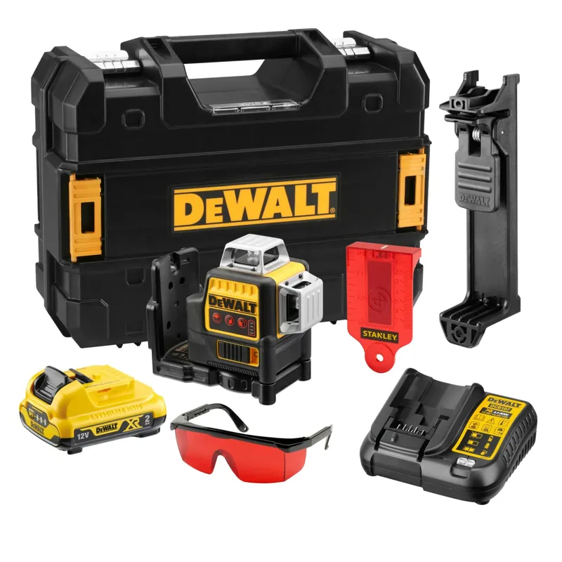 DeWALT DCE089D1R-QW Kit laser multiligne 3x360° à nivellement automatique avec batterie Li-Ion 10,8 V (1 batterie 2,0 Ah) dans un coffret - 3 lignes - 15 m - rouge