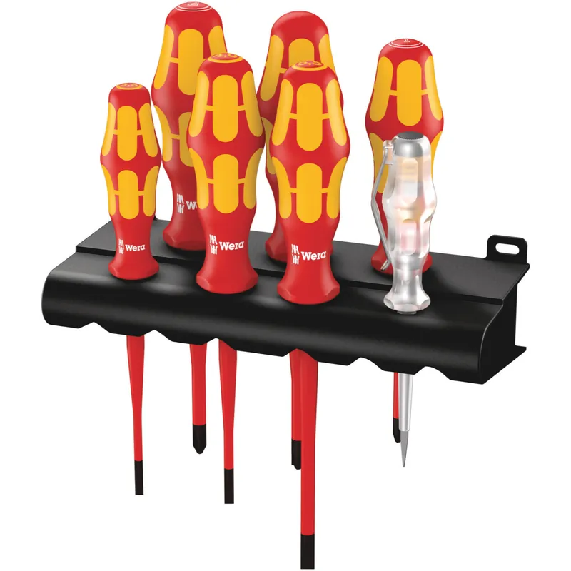 Wera 160 iS/7 Rack Jeu de tournevis Kraftform Plus Série 100 + détecteur de tension + Rack. Avec lames à diamètre réduit. - (Jeu de 7pcs)
