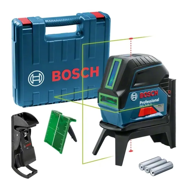Bosch GCL 2-15 G Laser à croix avec fonction d‘aplomb + support mural dans un coffret - 15 m - vert
