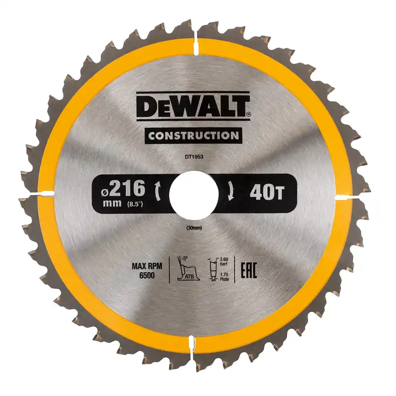 DeWALT DT1953-QZ Lame de scie circulaire de chantier - 216 x 30 x 40 dents - Bois (avec clous)