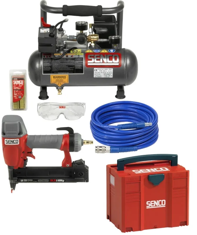 Senco PC0964EUPS Pince de finition pneumatique (Finishpro18 Mg) dans un conteneur T-loc & Compresseur 3.8L (PC1010) + combi tuyau 5m