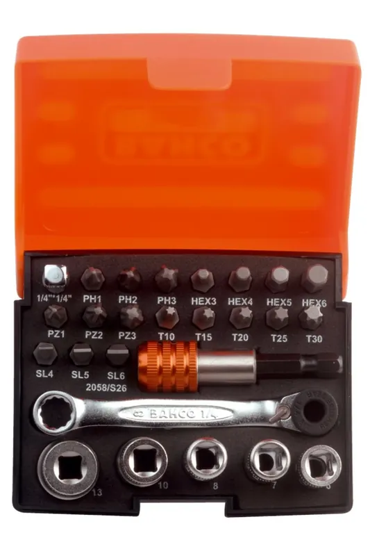 Bahco 2058/S26 - Jeu de douilles et embouts standard 1/4‘‘ pour vis à fente et, vis Phillips, Pozidriv, TORX et vis 6 pans – 26 pièces