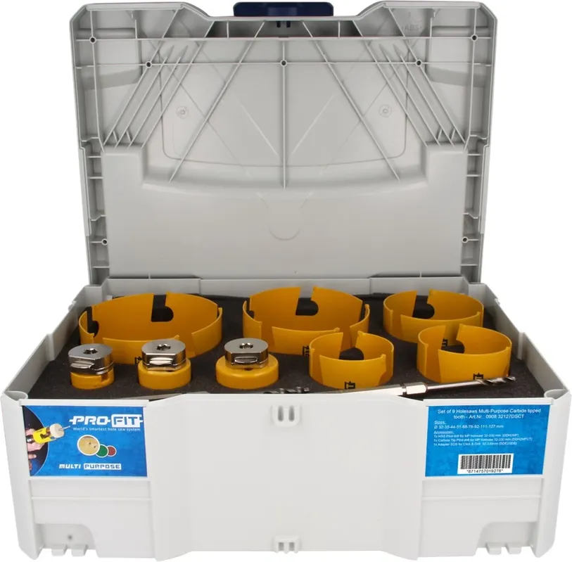 ProFit 090832127DSCT Jeu de scies cloches multi-usage dans systainer T-Loc 9 pièces 32-35-44-51-68-76-92-111-127 mm, avec adaptateurs intégrés et 1 pièce de chaque perceuse à centrer Click & Drill (HSS) DDH2MP, (HM) DDH2MPCT