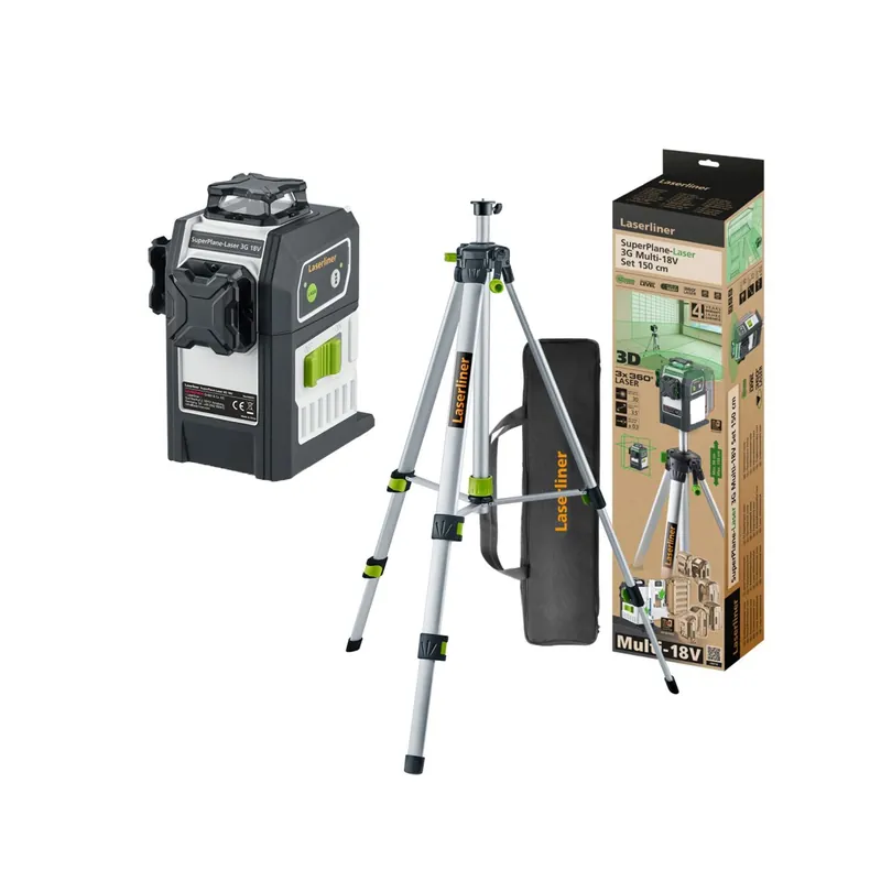 Laserliner SuperPlane-Laser 3G Multi-18V Laser à lignes croisées avec trépied dans un sac - 3 lignes - vert - 30 m