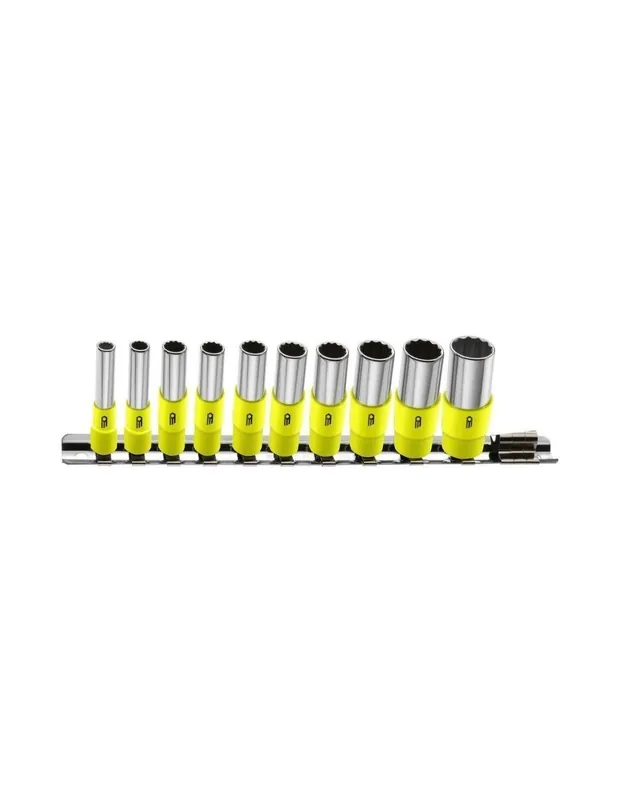 Jeu de 11 douilles longues 1/4" 12 pans en pouces sur rack - FLUO - REL.40UF - Facom