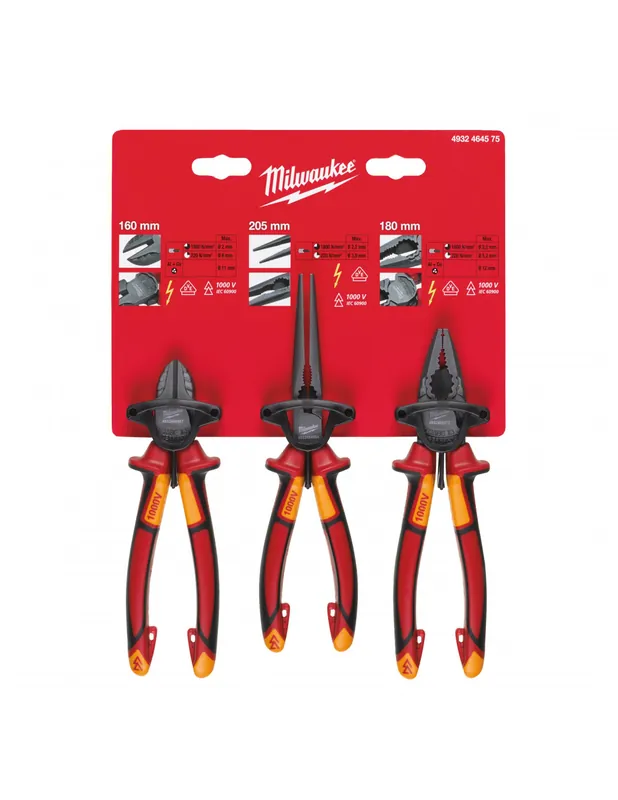 Set de 3 pinces isolées (universelle, coupante, bec long) 4932464575 - Milwaukee
