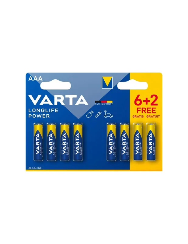 6+2 Piles Alcalines AAA / LR03 LongLife Power Varta
