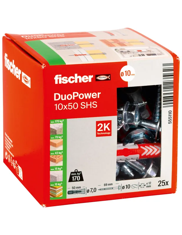 Cheville bi-matière DuoPower 10 x 50 S avec vis (x25) 555110 - Fischer