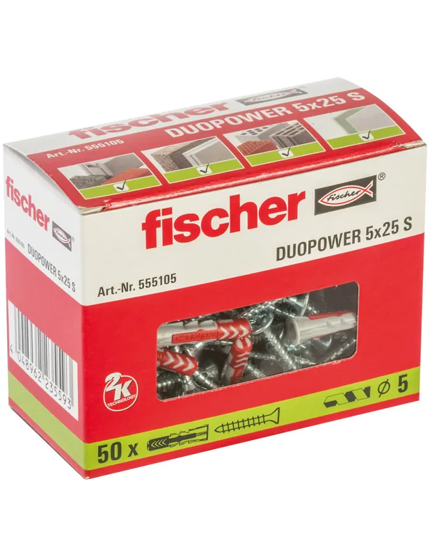 Cheville bi-matière DuoPower 5 x 25 S avec vis (x50) 555105 - Fischer
