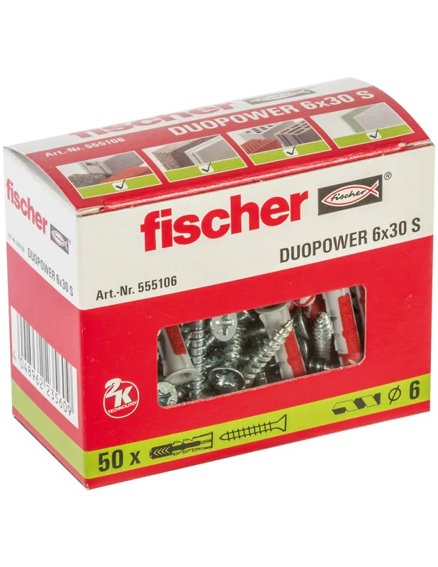 Cheville bi-matière DuoPower 6 x 30 S avec vis (x50) 555106 - Fischer