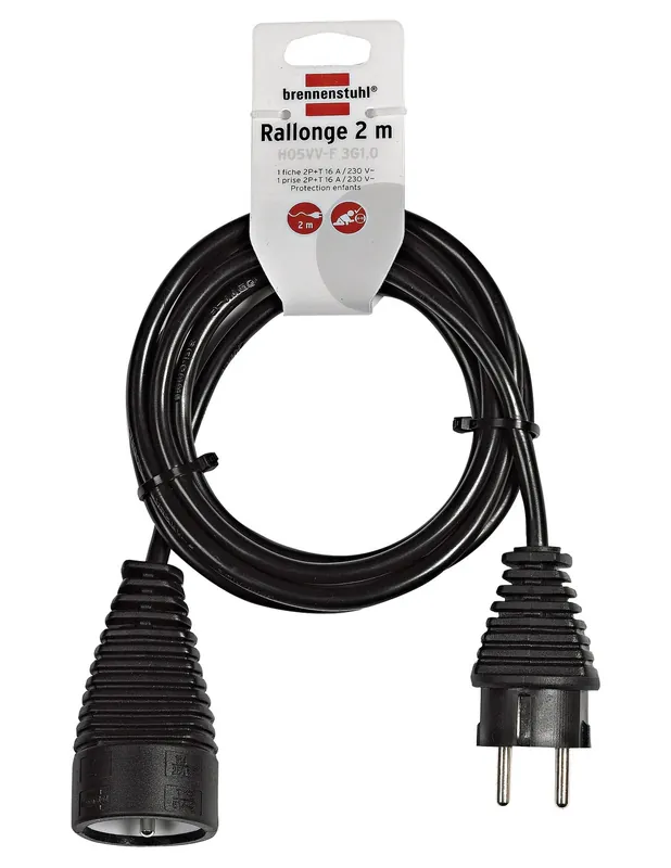 Rallonge électrique 2m H05VV-F 3G1,0 noir 1165011 - Brennenstuhl