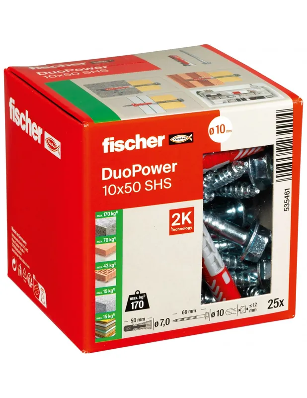 Cheville bi-matière DuoPower 10x50 S avec vis (x25) 535461 - Fischer