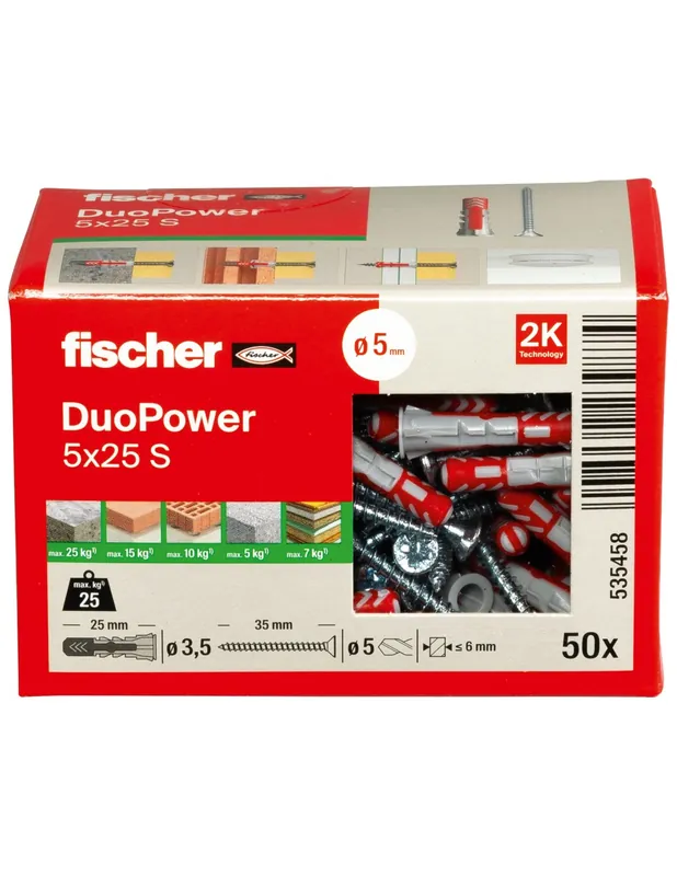 Cheville bi-matière DuoPower 5x25 S avec vis (x50) 535458 - Fischer