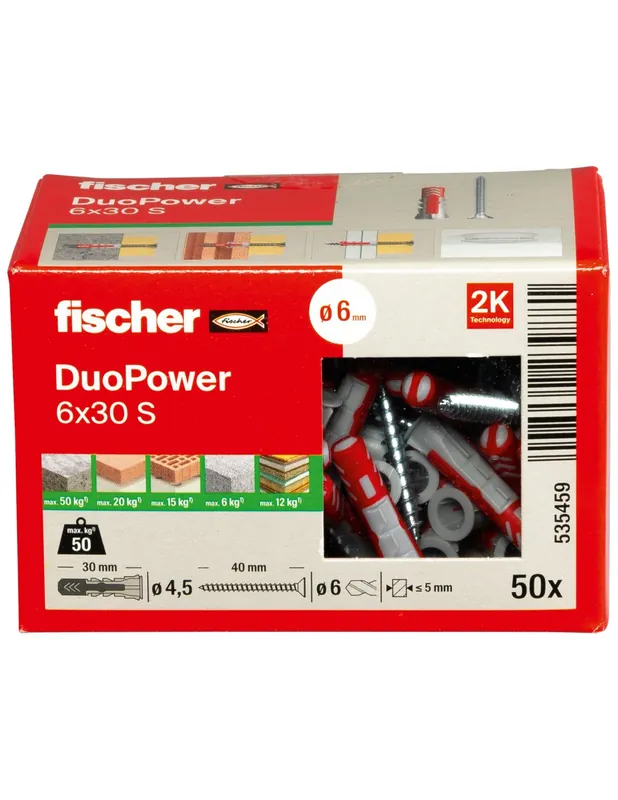 Cheville bi-matière DuoPower 6x30 S avec vis (x50) 535459 - Fischer