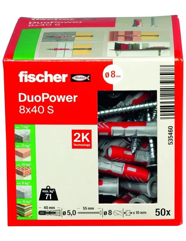 Cheville bi-matière DuoPower 8x40 S avec vis (x50) 535460 - Fischer