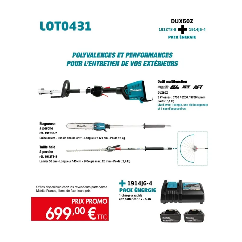 Makita DUX60Z Outil Multifonctions 2x18V Li-Ion + Élagueuse + Taille haie à perche 2x5.0Ah (LOT0431)