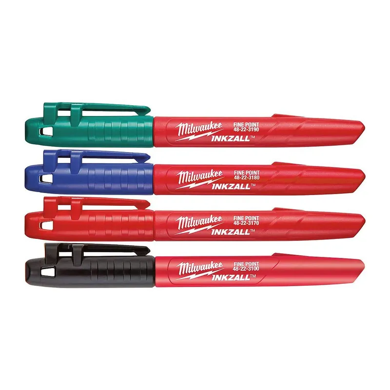 Milwaukee x4 Marqueurs INKZALL Noir, Bleu, Vert et Rouge pointe Fine (48223106)