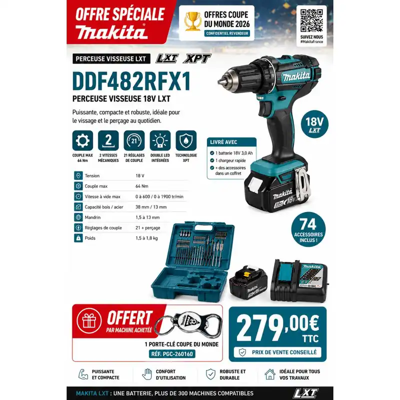 Perceuse-visseuse Makita DDF482RFX1 18V LXT® – 2 Batteries 3,0 Ah + 74 Accessoires