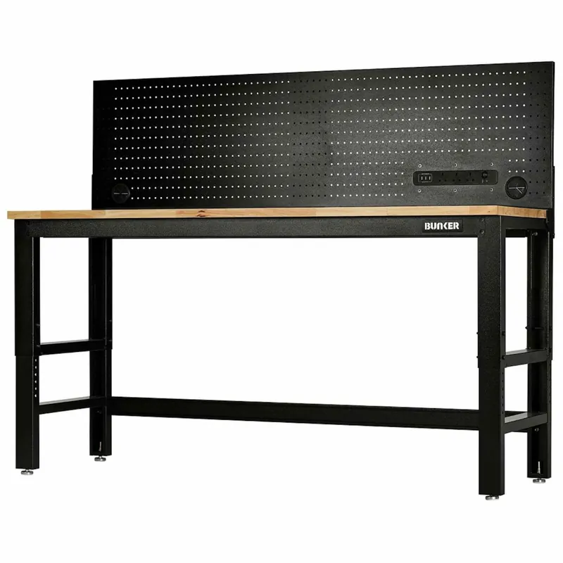 Établi BUNKER D28098 – Plan de travail en bois avec panneau porte-outils et prise électrique – 1830 mm