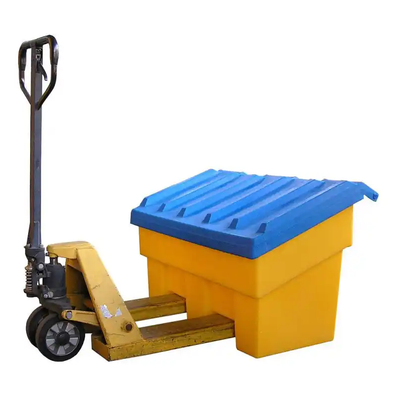 Bac à sel, sable et absorbant 300 L en PEHD jaune à couvercle bleu