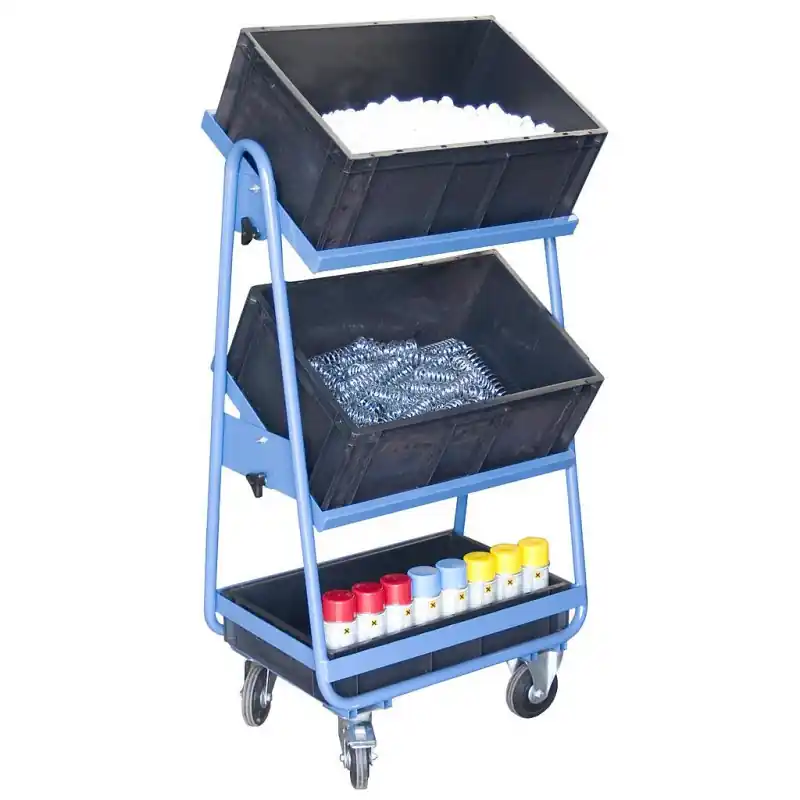 Servante bacs armature 3 bacs plastiques charge 200 kg plateaux inclin