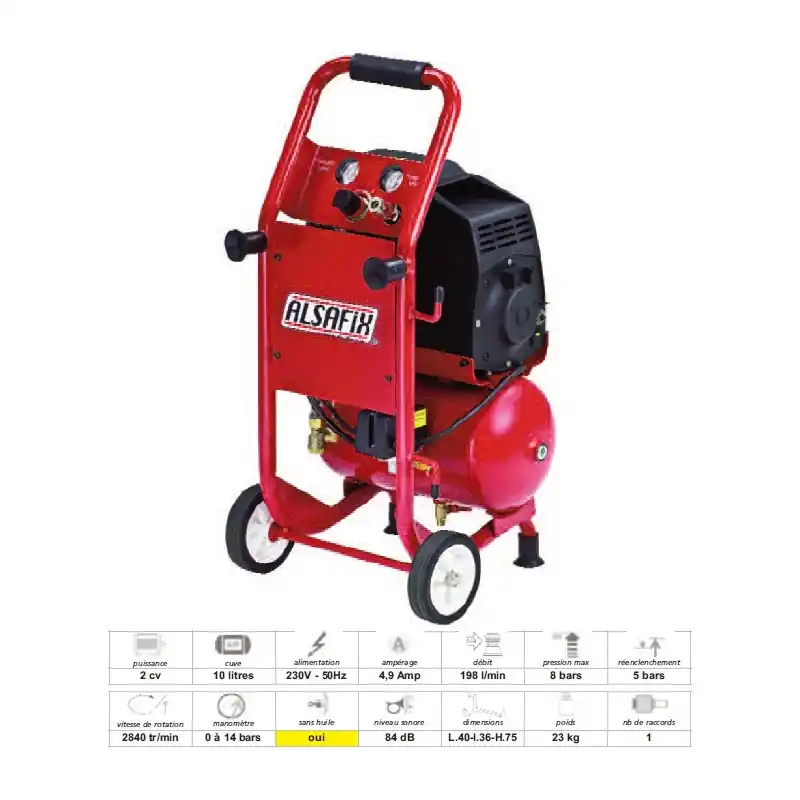Compresseur 8 bars 10l sans huile ALAIR 10/200 OILESS