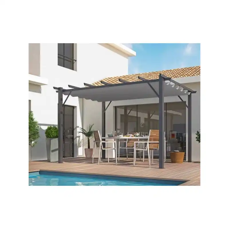 Pergola alu gris anthracite 100x100mm ép12mm toiture gris 140 gr/m2 PE