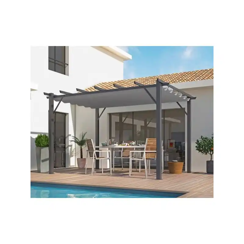 Pergola alu gris anthracite 100x100mm ép12mm toiture gris 280 gr/m2 PE
