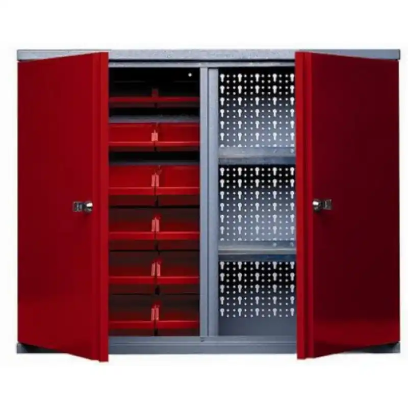 Armoire murale 2 portes 2 étagères 18 boites de rangement rouge Kupper